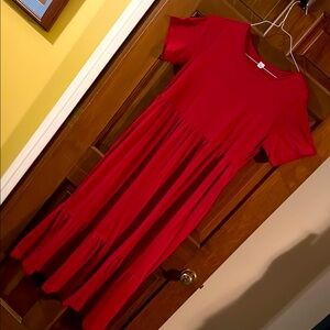 Prinbara Red Crewneck Short Sleeve Tiered Stretch Midi Casual Pull On Dress Sz M